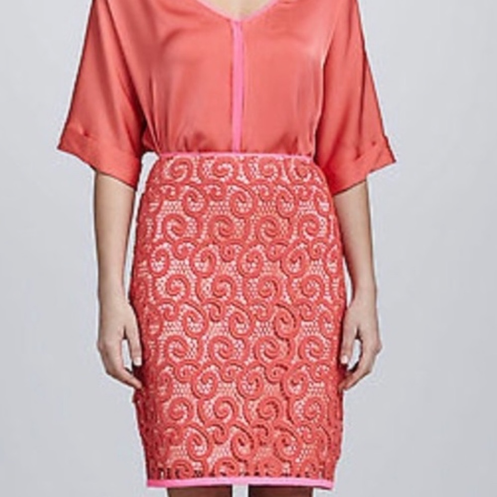 $368 Elie Tahari 12 Coral Orange Pink Lace Pencil Church Dressy Event Date Skirt
